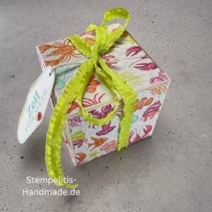 Handdekorierte Fensterschachtel 7 cm mit maritimen Motiven, Geschenkbox mit Fenster und Schleife in Grün, Detailansicht Geschenkschachtel Etikett „Zeit für Meer“, Offene Sichtfensterbox von oben, Fensterschachtel mit bunter Meeresdekoration, Geschenkverpackung mit transparentem Fenster, Handgemachte maritime Fensterschachtel mit Schleife